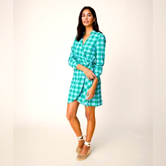 Untuck It for Her Seersucker Mila Button Down Shirt Dress Blue Green Gingham Med - Picture 12 of 12